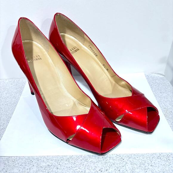 Stuart Weitzman dressy shoes 9.5M red patent open toe high stiletto heel pumps - Picture 2 of 10